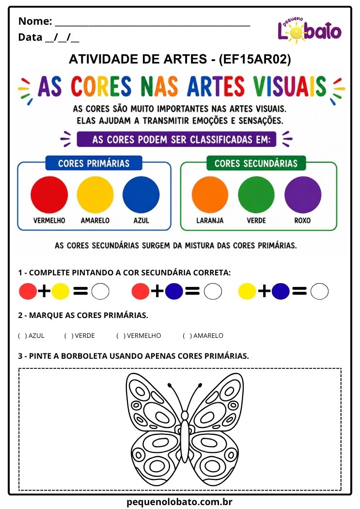Atividade de Arte para o 1º Ano sobre As Cores Primárias e Secundárias (EF15AR02)