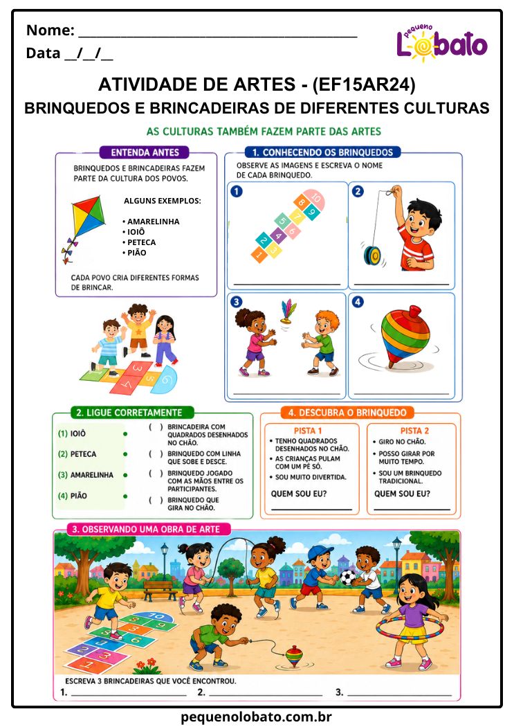 Atividade de Arte para o 1º Ano sobre Brinquedos e Brincadeiras de Diferentes Culturas (EF15AR24)