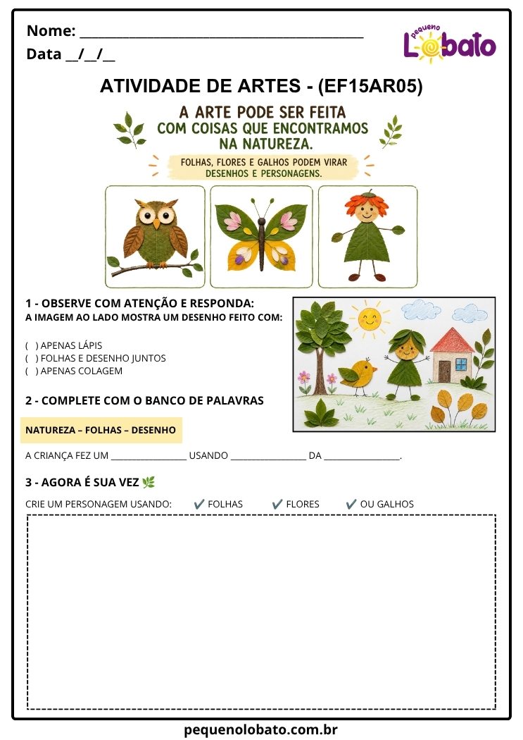 Atividade de Arte para o 1º Ano sobre Criando Arte com Elementos da Natureza (EF15AR05)