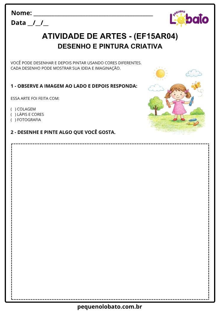 Atividade de Arte para o 1º Ano sobre Desenho e Pintura Criativa (EF15AR04)