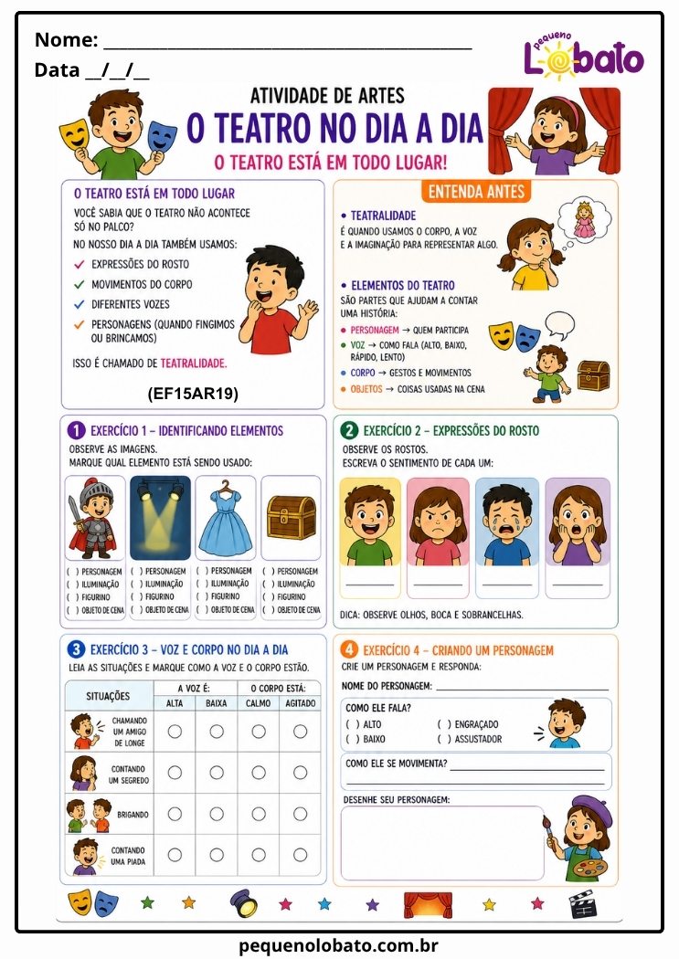 Atividade de Arte para o 1º Ano sobre Expressões e Personagens no Teatro (EF15AR19)