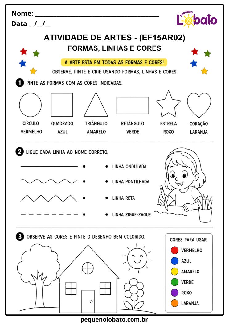 Atividade de Arte para o 1º Ano sobre Formas, Linhas e Cores nas Artes Visuais (EF15AR02)