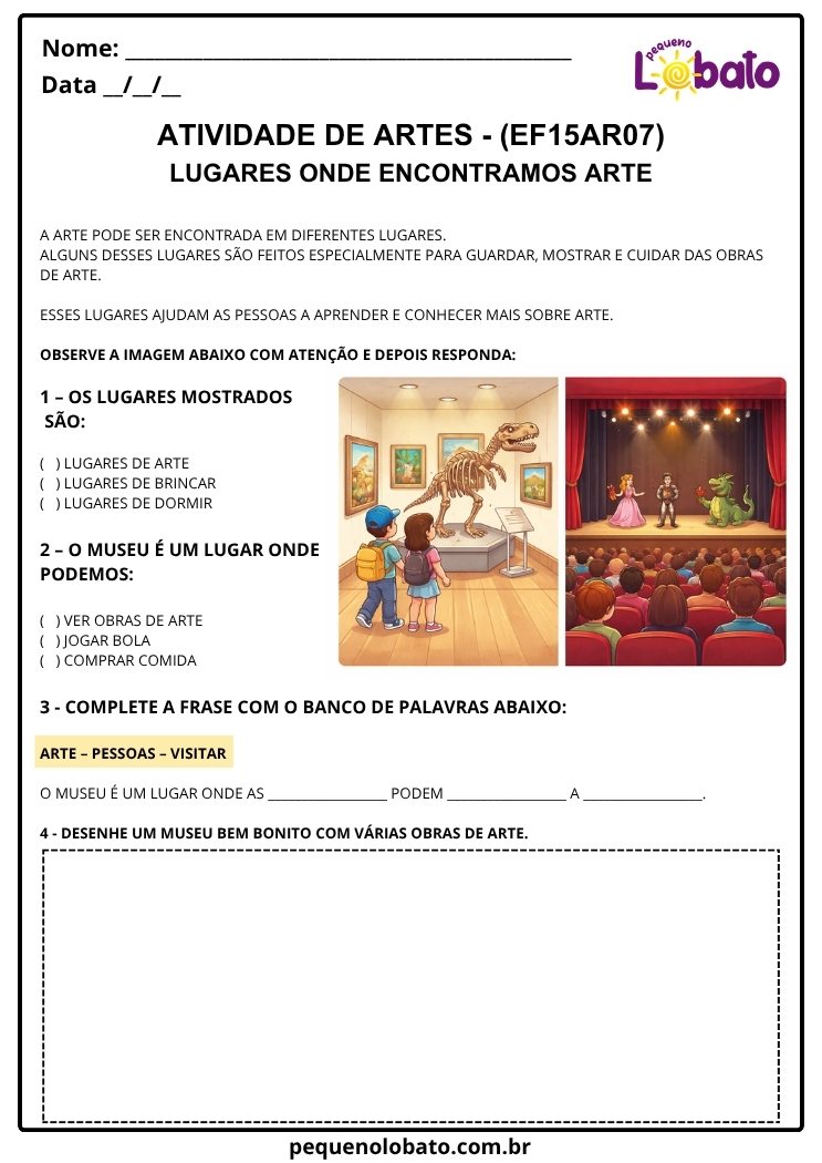 Atividade de Arte para o 1º Ano sobre Museus, Galerias e Espaços Culturais (EF15AR07)