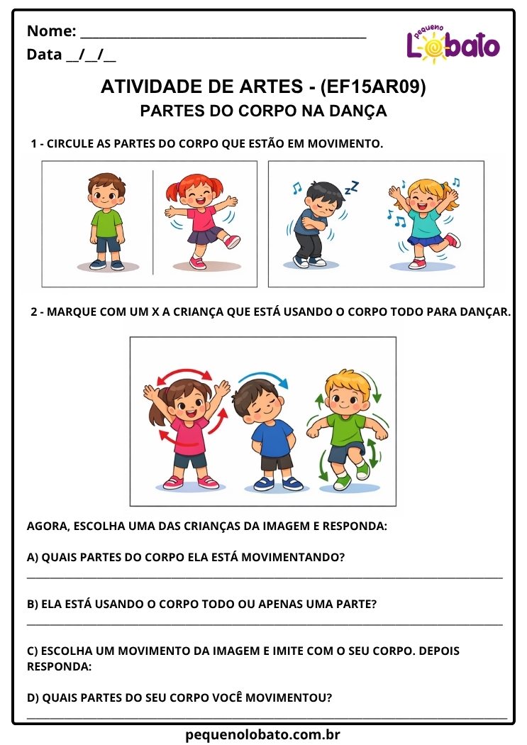 Atividade de Arte para o 1º Ano sobre Partes do Corpo na Dança (EF15AR09)