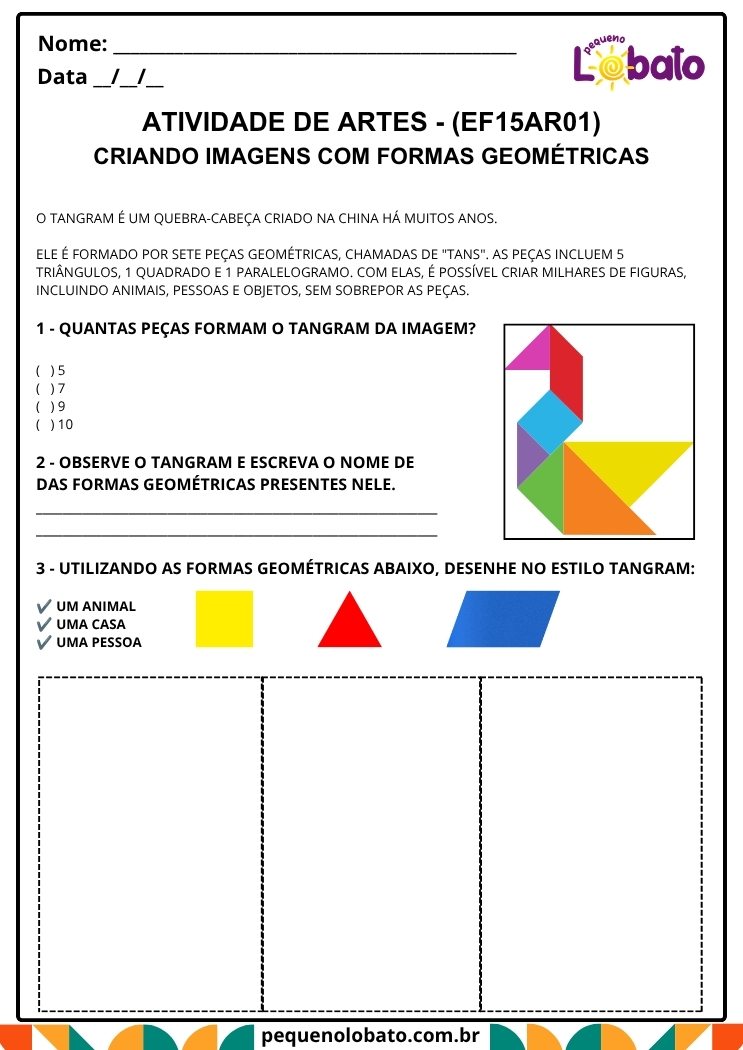 Atividade de Arte para o 1º Ano sobre Tangram e Figuras Geométricas (EF15AR01)