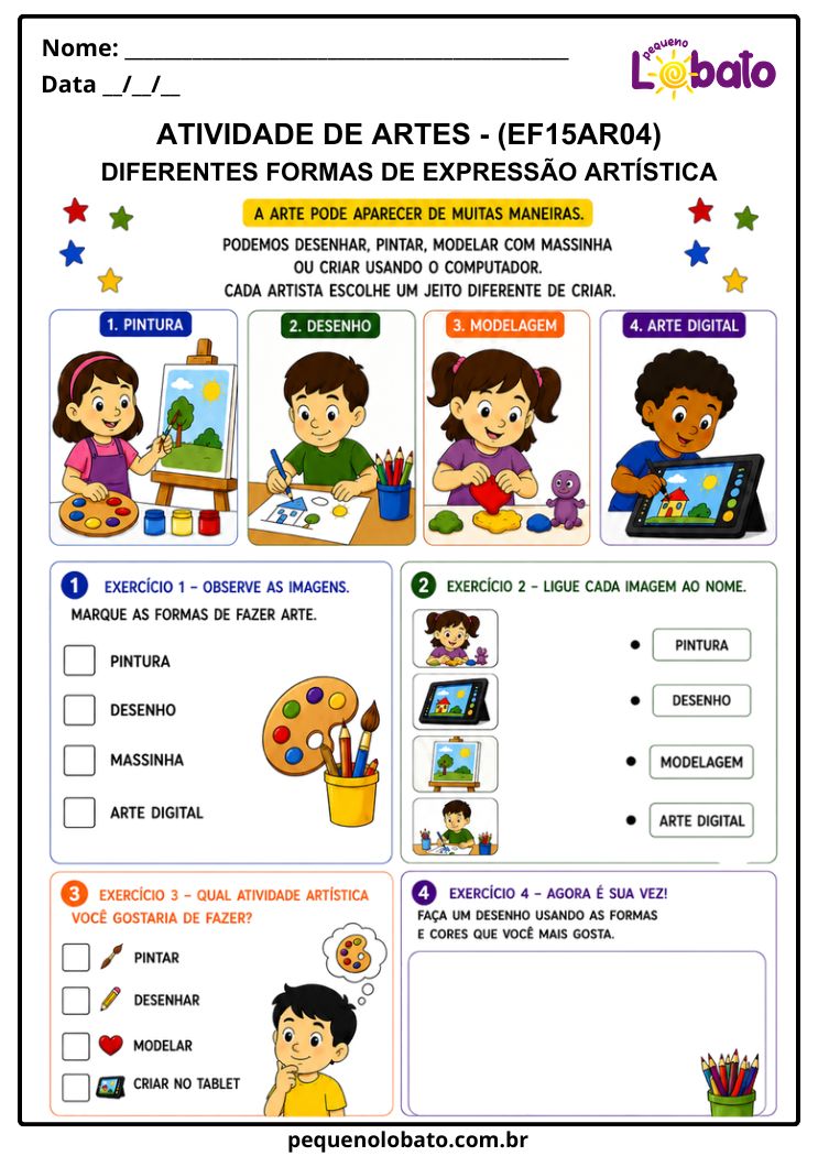 Atividade de Arte para o 1º Ano sobre as Diferentes Formas de Expressão Artística (EF15AR04)
