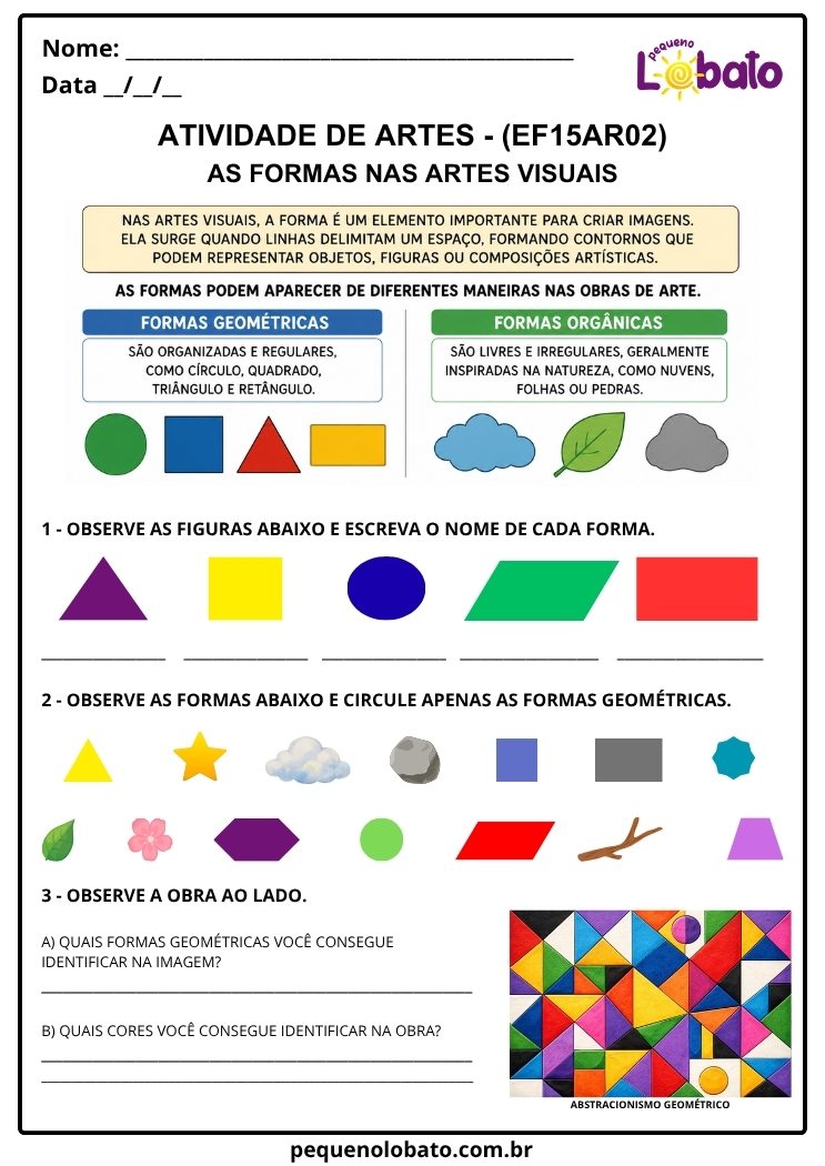 Atividade de Arte para o 2º Ano sobre As Formas nas Artes Visuais (EF15AR02)