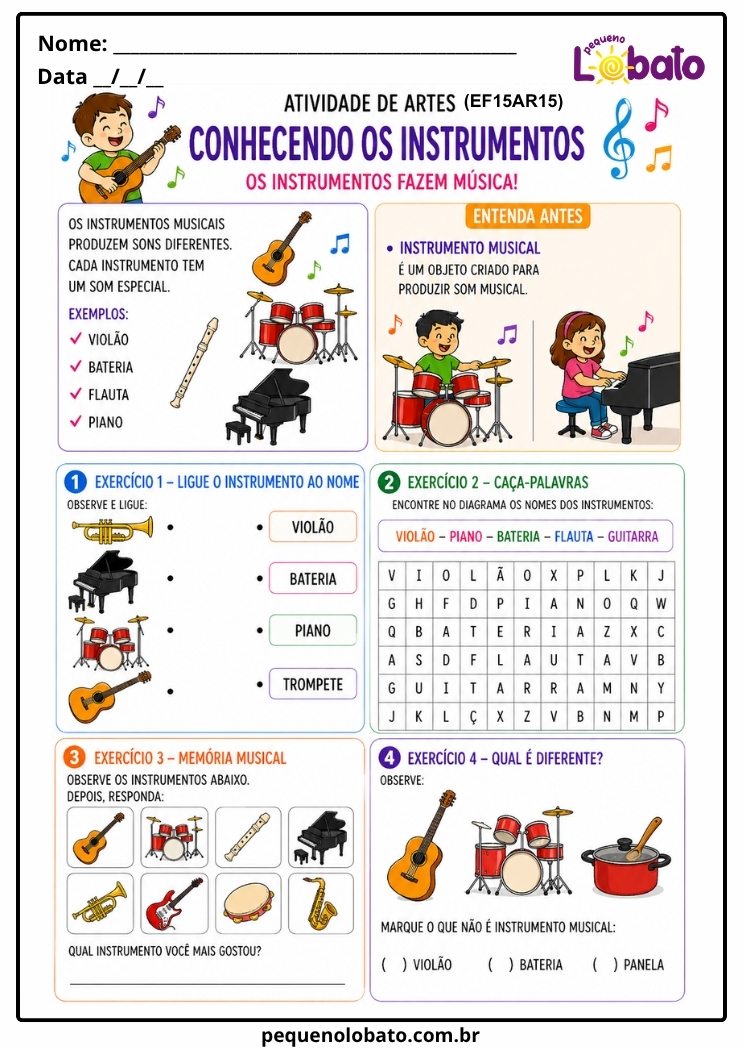 Atividade de Arte para o 2º Ano sobre Conhecendo os Instrumentos Musicais (EF15AR15)