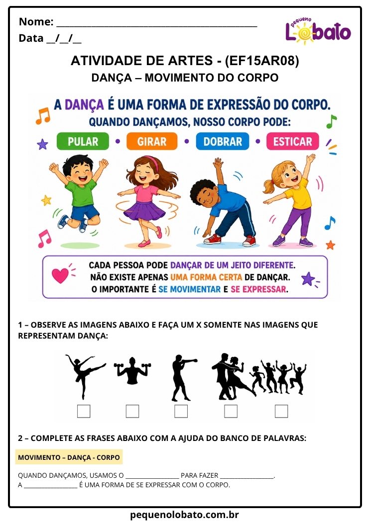 Atividade de Arte para o 2º Ano sobre Dança e Movimento do Corpo (EF15AR08)