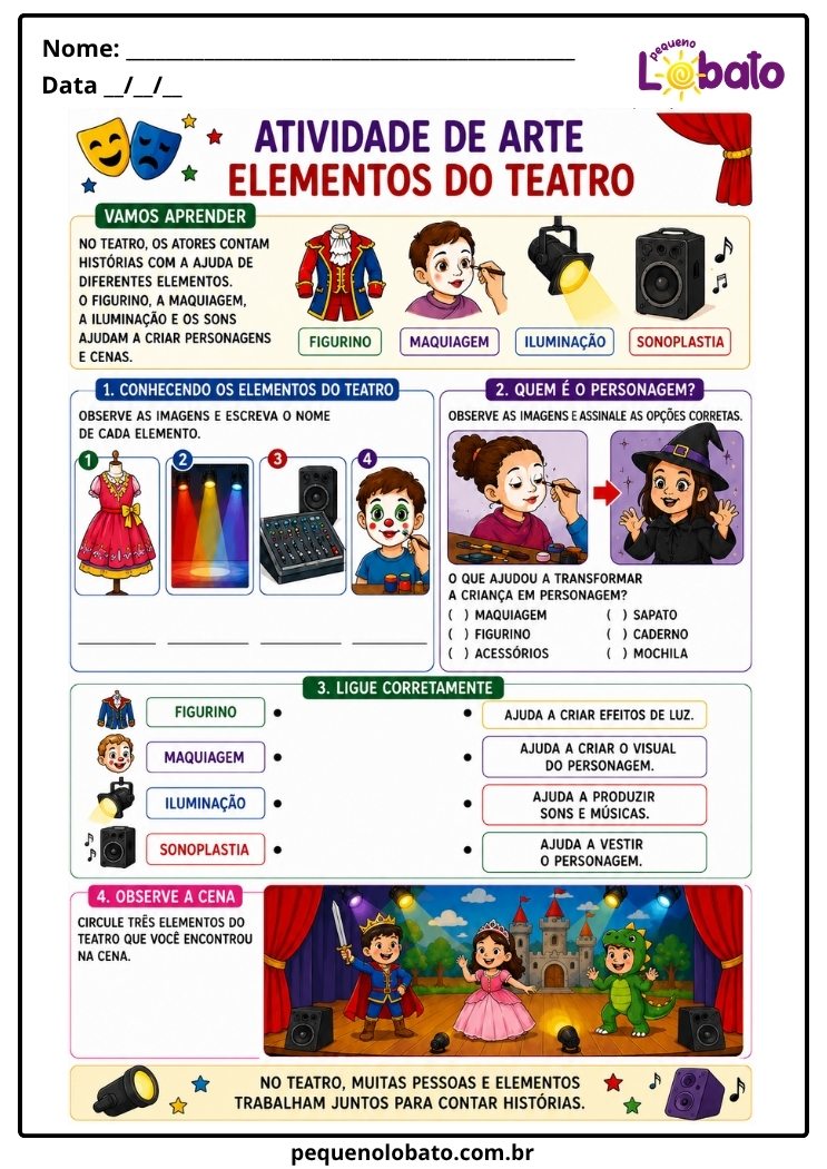 Atividade de Arte para o 2º Ano sobre Elementos do Teatro (EF15AR19)