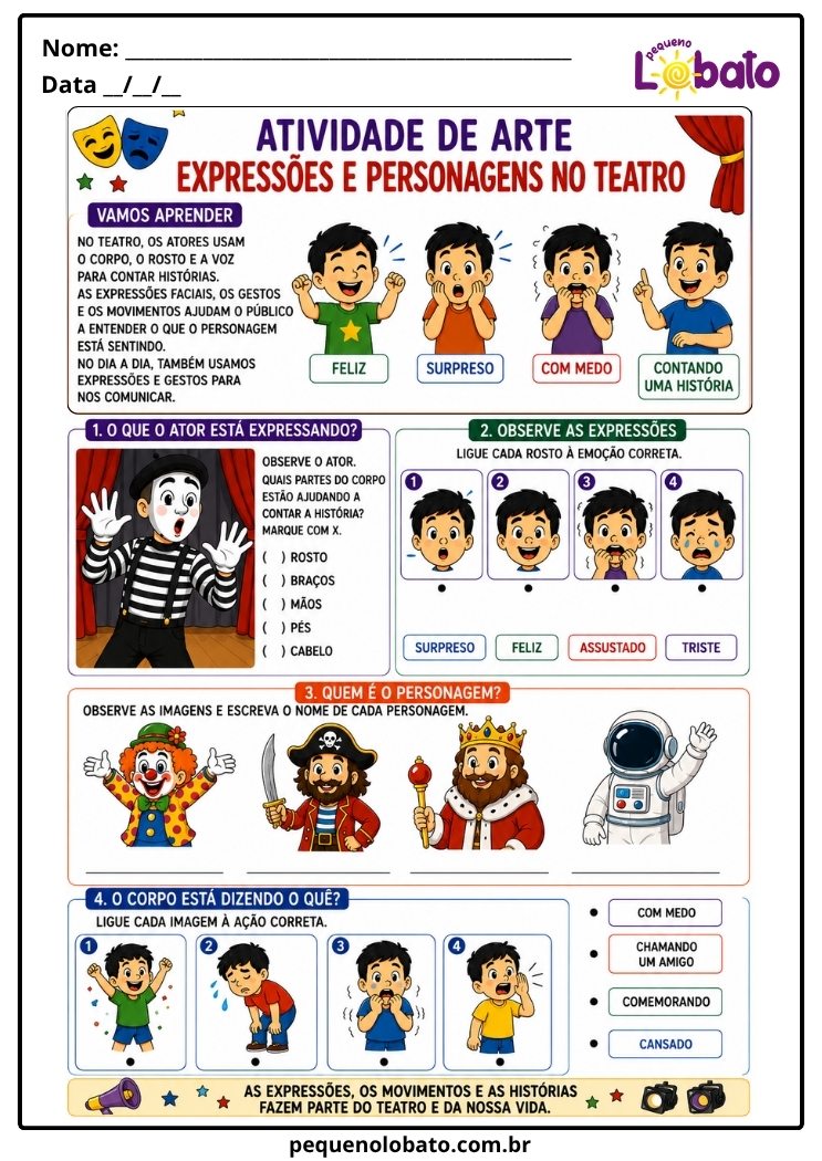 Atividade de Arte para o 2º Ano sobre Expressões e Personagens no Teatro (EF15AR19)