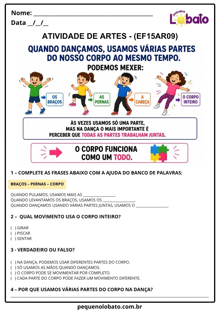 Atividade de Arte para o 2º Ano sobre Partes do Corpo na Dança (EF15AR09)