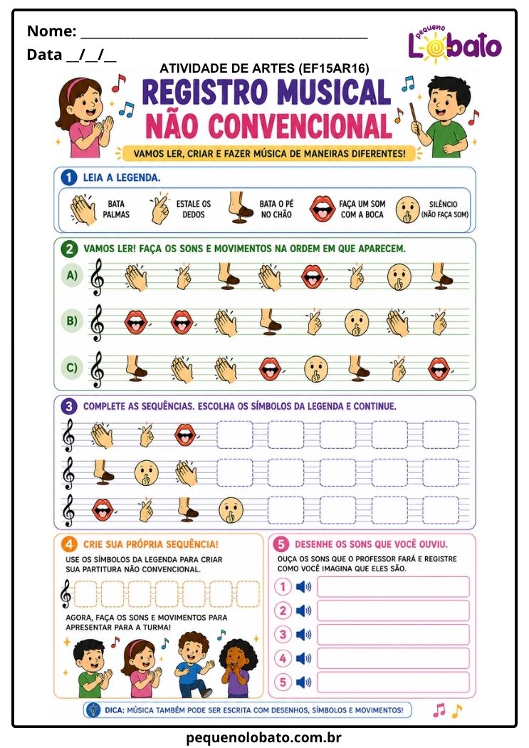 Atividade de Arte para o 2º Ano sobre Registro Musical Não Convencional (EF15AR16)