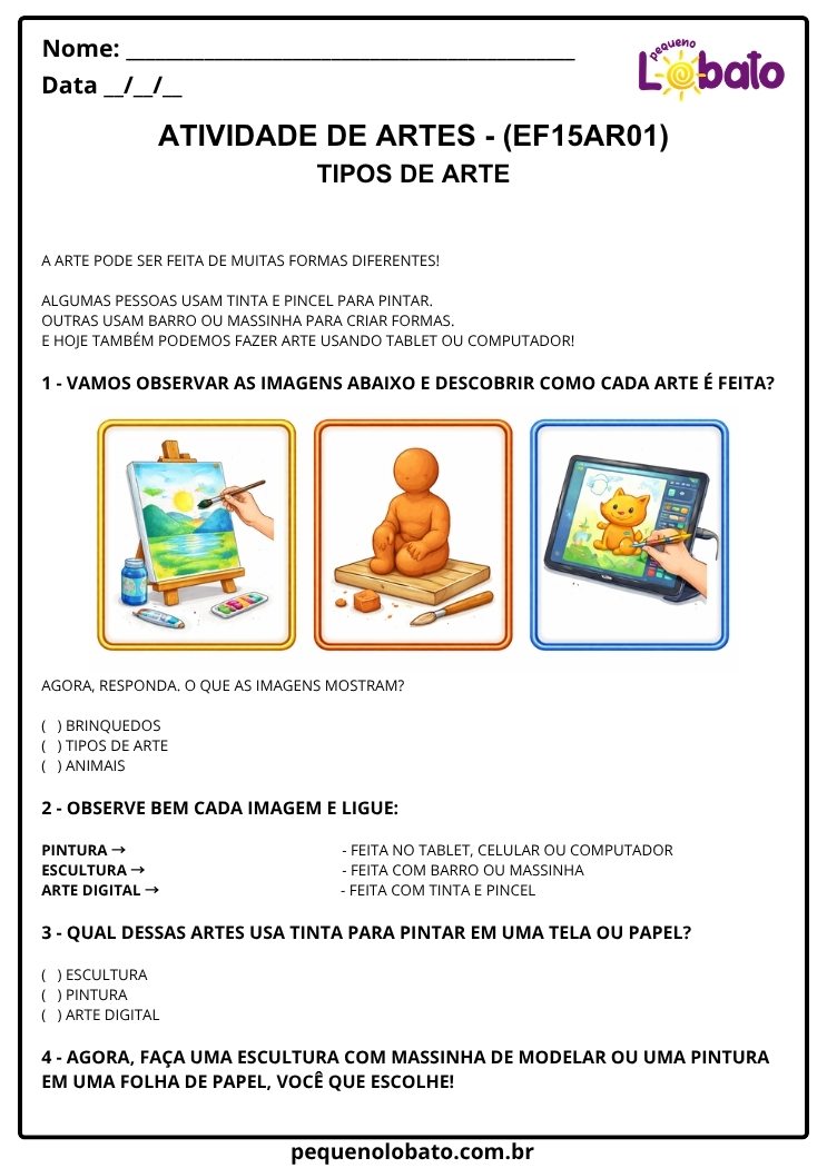 Atividade de Arte para o 2º Ano sobre Tipos de Arte (EF15AR01)