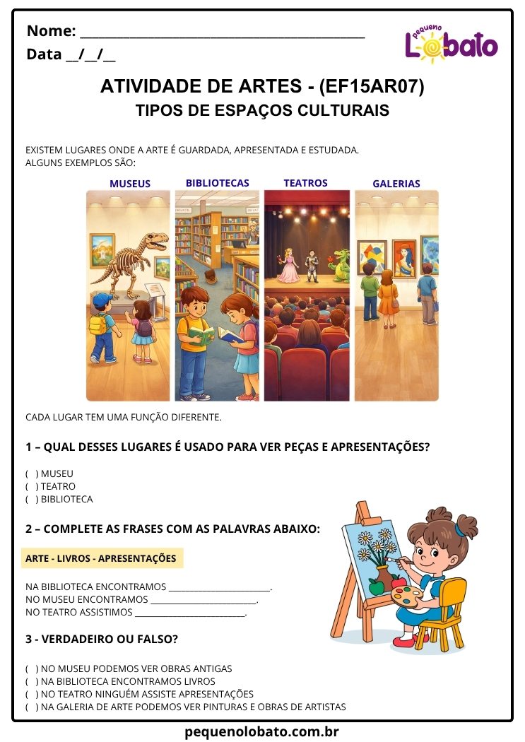 Atividade de Arte para o 2º Ano sobre Tipos de Espaços Culturais (EF15AR07)