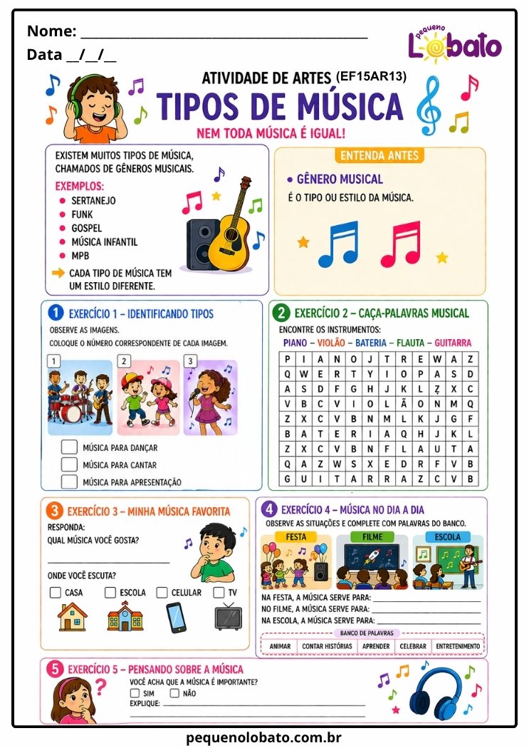 Atividade de Arte para o 2º Ano sobre Tipos de Música (EF15AR13)