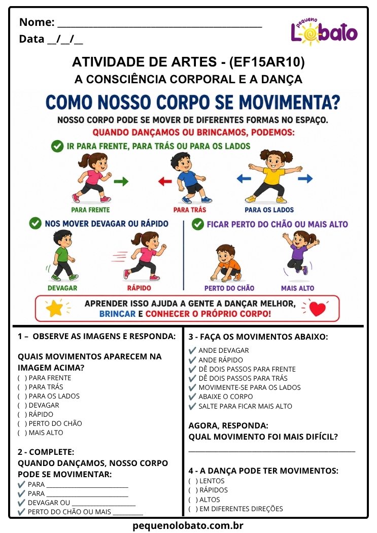Atividade de Arte para o 3º Ano sobre A Consciência Corporal e a Dança (EF15AR10)
