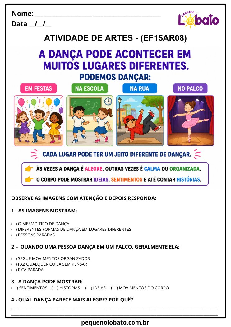 Atividade de Arte para o 3º Ano sobre A Dança Pode Acontecer em Muitos Lugares Diferentes (EF15AR08)