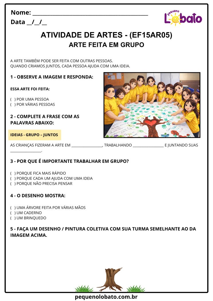 Atividade de Arte para o 3º Ano sobre Arte Feita em Grupo (EF15AR05)