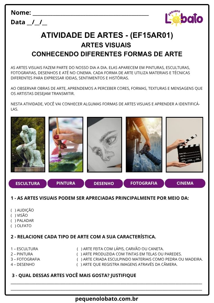 Atividade de Arte para o 3º Ano sobre Conhecendo Diferentes Formas de Arte (EF15AR01)