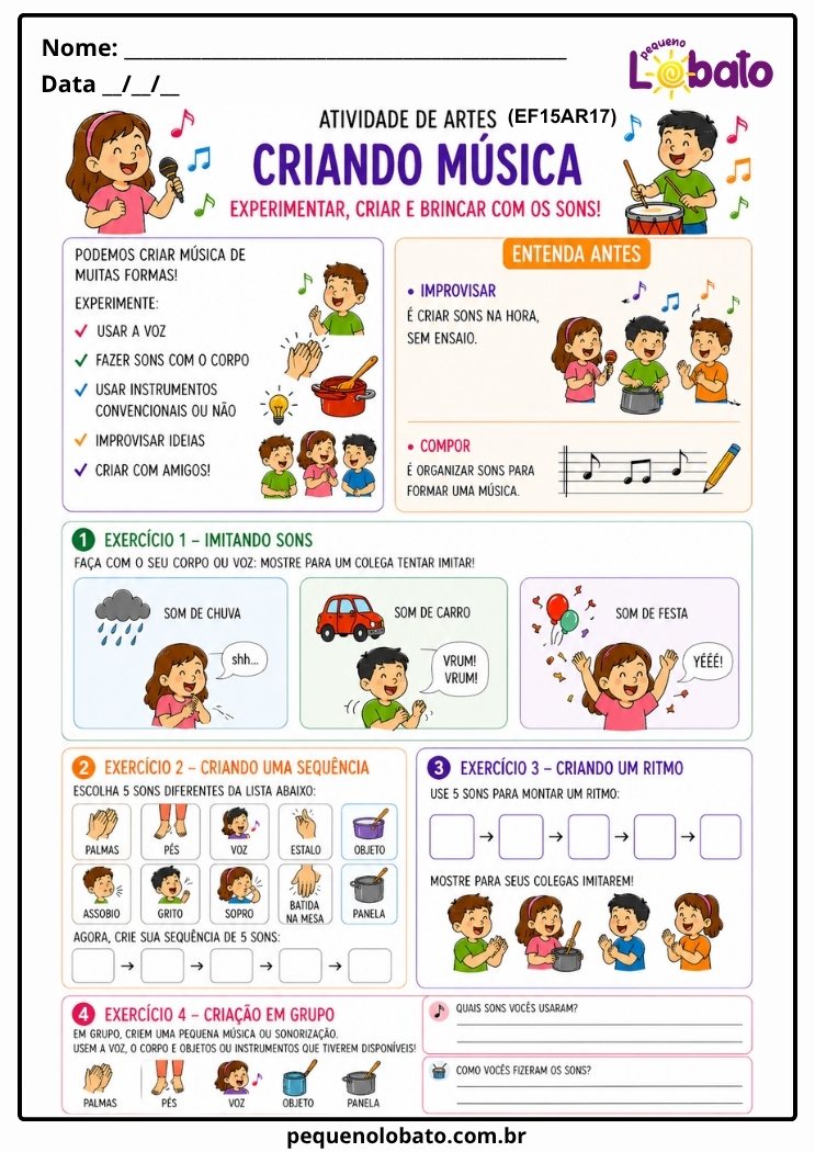 Atividade de Arte para o 3º Ano sobre Criando Música (EF15AR17)