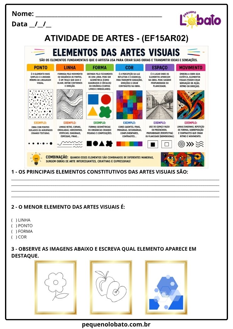 Atividade de Arte para o 3º Ano sobre Elementos das Artes Visuais (EF15AR02)