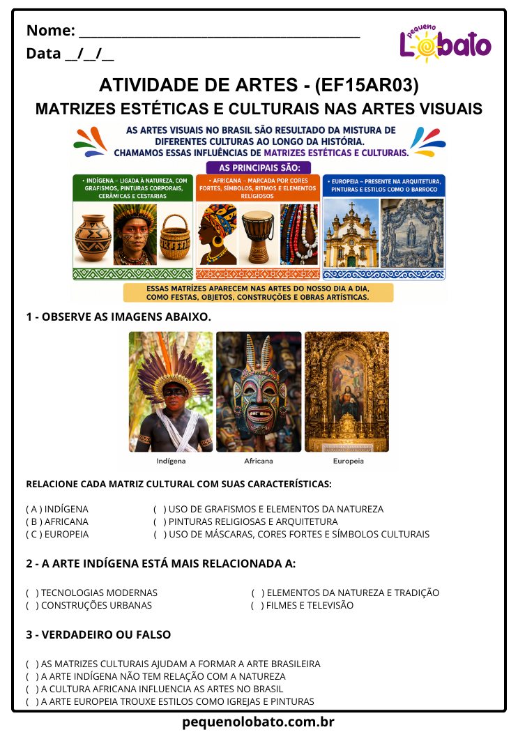 Atividade de Arte para o 3º Ano sobre Matrizes Estéticas e Culturais nas Artes Visuais (EF15AR03)