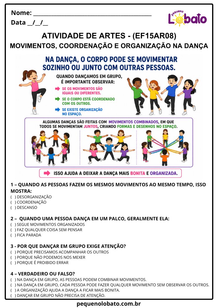 Atividade de Arte para o 3º Ano sobre Movimentos, Coordenação e Organização na Dança (EF15AR08)