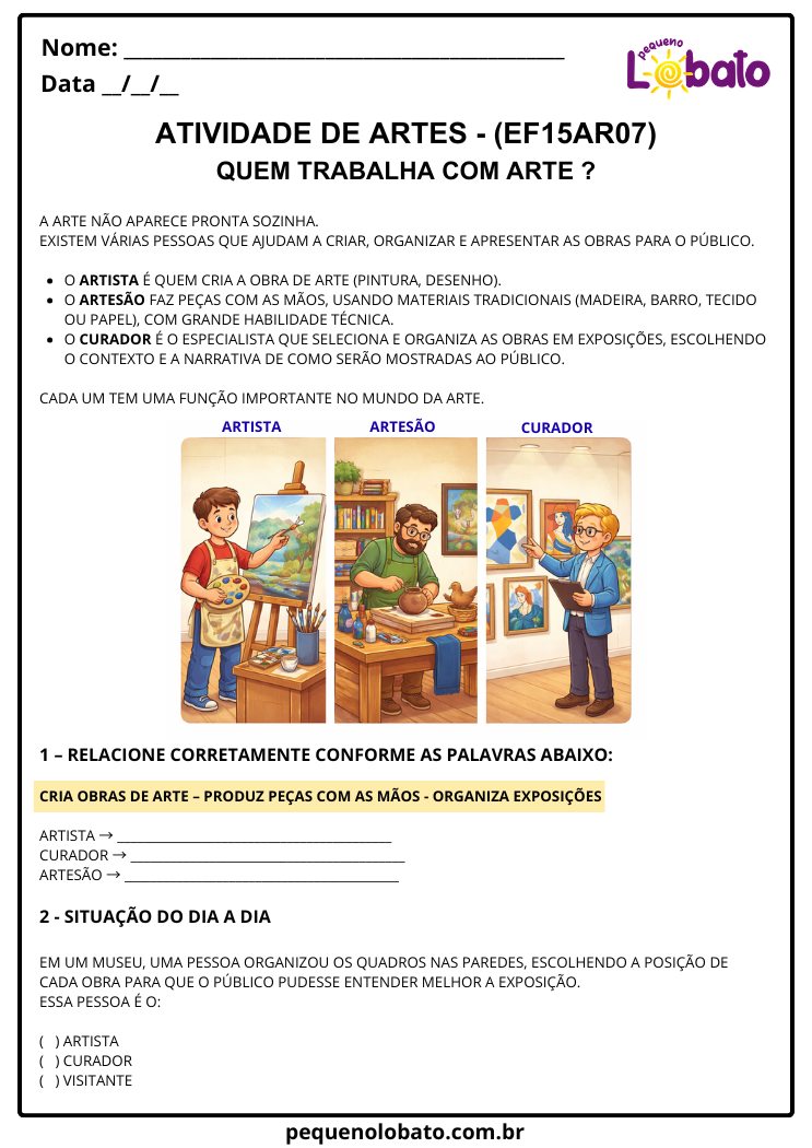 Atividade de Arte para o 3º Ano sobre Quem Trabalha com Arte (EF15AR07)