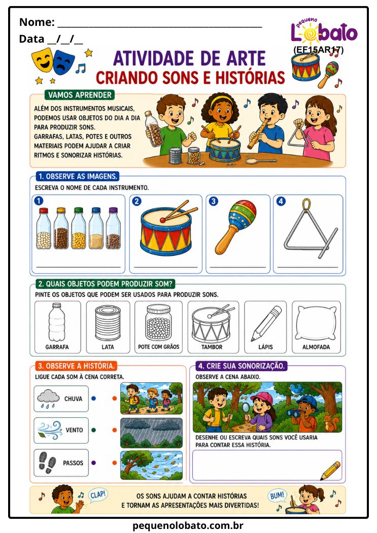 Atividade de Arte para o 4º Ano sobre Criando Sons e Histórias (EF15AR17)