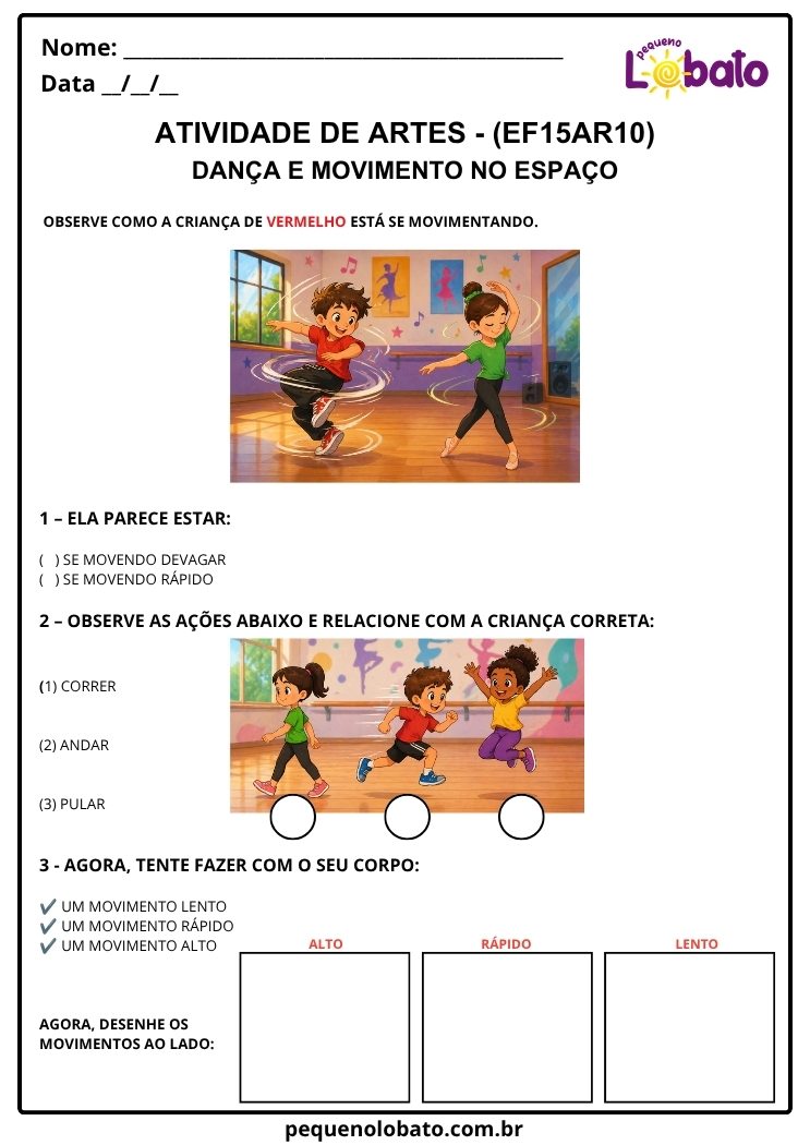 Atividade de Arte para o 4º Ano sobre Dança e Movimento no Espaço (EF15AR10)