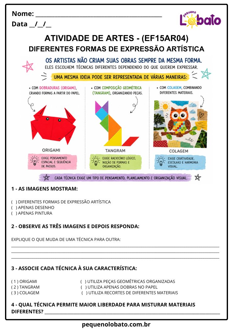Atividade de Arte para o 4º Ano sobre Diferentes Formas de Expressão Artística (EF15AR04)