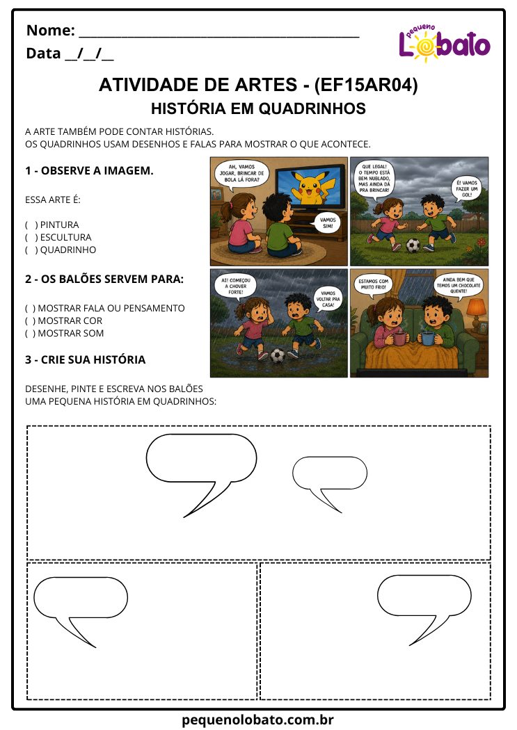 Atividade de Arte para o 4º Ano sobre História em Quadrinhos (EF15AR04)