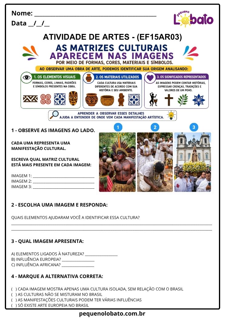 Atividade de Arte para o 4º Ano sobre Matrizes Culturais nas Artes Visuais (EF15AR03)