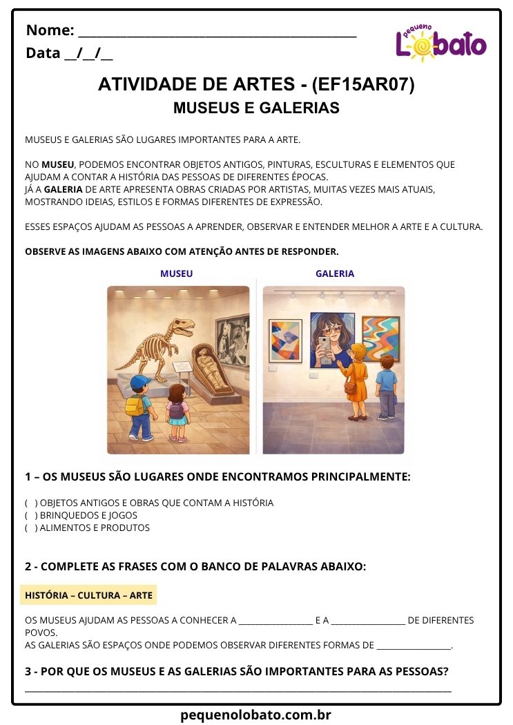 Atividade de Arte para o 4º Ano sobre Museus e Galerias (EF15AR07)
