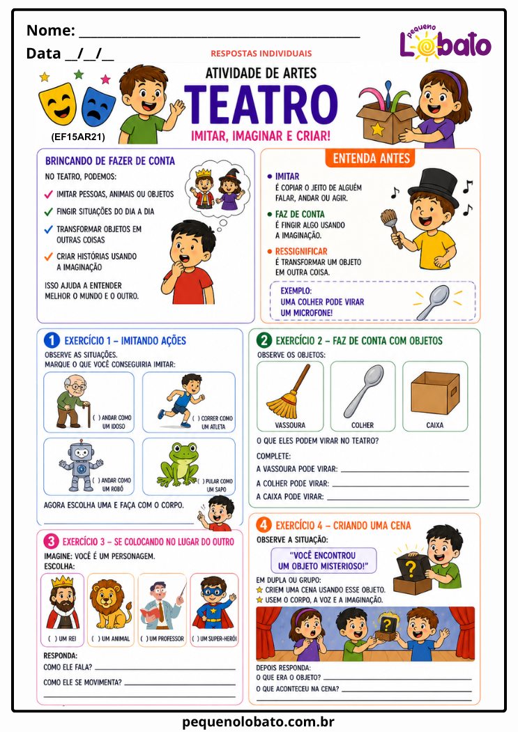 Atividade de Arte para o 4º Ano sobre Teatro_ Imitar, Imaginar e Criar (EF15AR21)