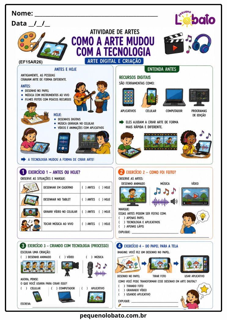 Atividade de Artes Integradas 1º ao 5º Ano sobre Arte Digital e Recursos Tecnológicos (EF15AR26)