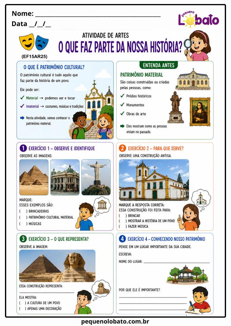 Atividade de Artes Integradas 1º ao 5º Ano sobre Conhecendo o Patrimônio Cultural Material (EF15AR25)
