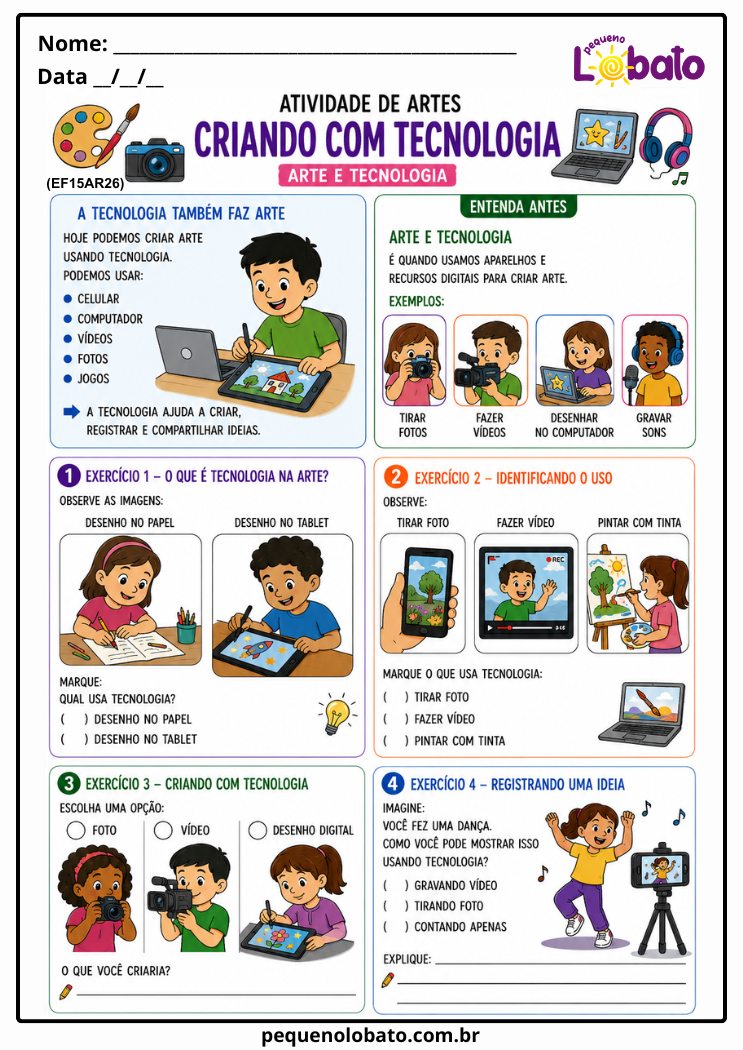 Atividade de Artes Integradas 1º ao 5º Ano sobre Criando Arte com Tecnologia (EF15AR26)