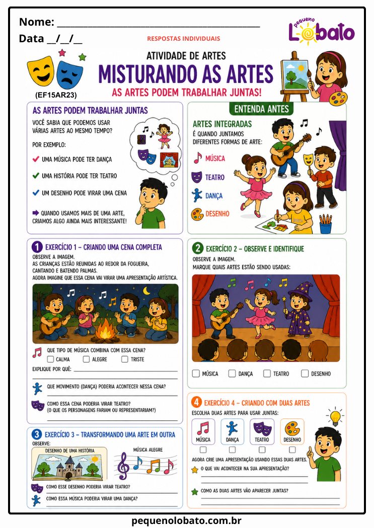 Atividade de Artes Integradas 1º ao 5º Ano sobre Misturando as Artes e Projetos Integrados (EF15AR23)
