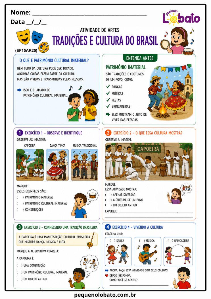Atividade de Artes Integradas 1º ao 5º Ano sobre Tradições e Patrimônio Cultural Brasileiro (EF15AR25)