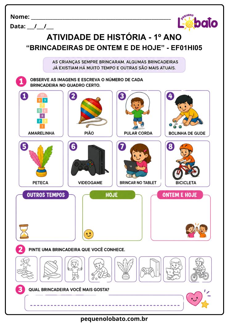 Atividade de História 1º Ano sobre Brincadeiras Antigas, Atuais e que Permanecem ao Longo do Tempo (EF01HI05)
