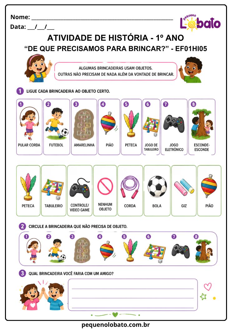 Atividade de História 1º Ano sobre Brincadeiras, Objetos Utilizados e Formas de Brincar (EF01HI05)