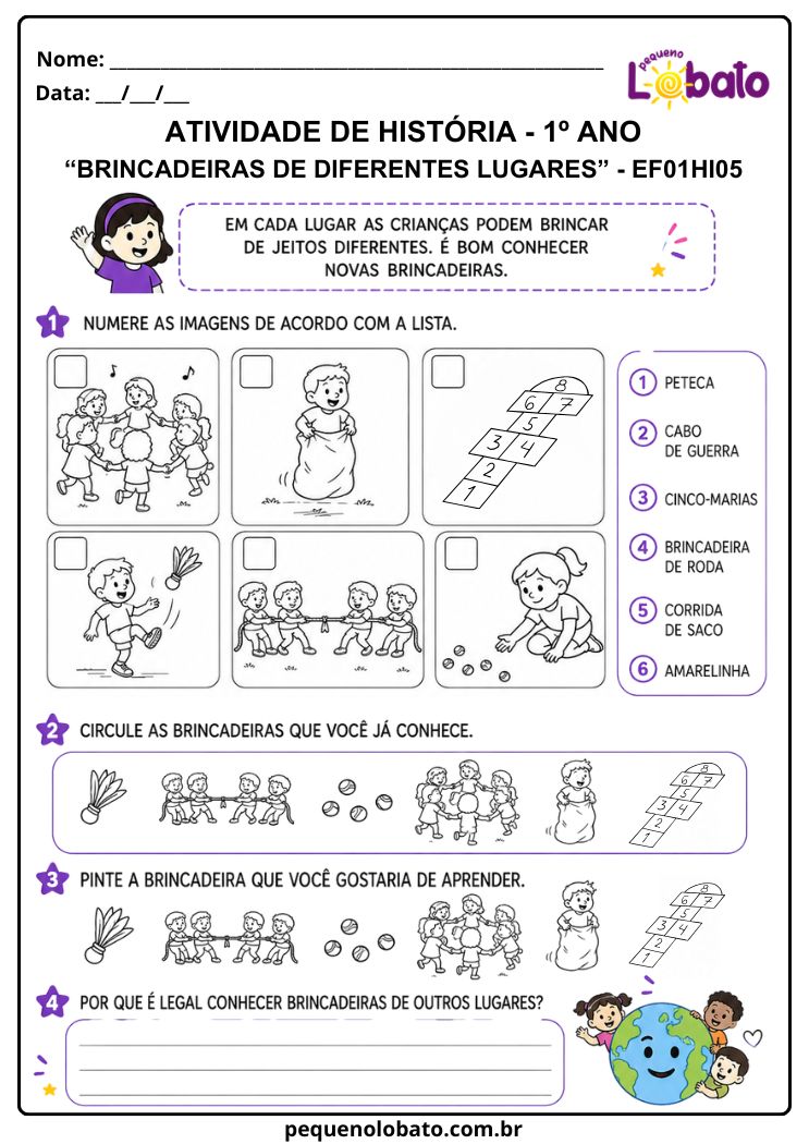 Atividade de História 1º Ano sobre Brincadeiras Tradicionais de Diferentes Lugares (EF01HI05)