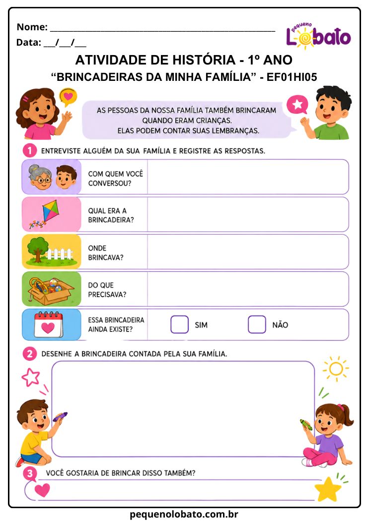 Atividade de História 1º Ano sobre Brincadeiras da Família e Memórias de Outras Épocas (EF01HI05)