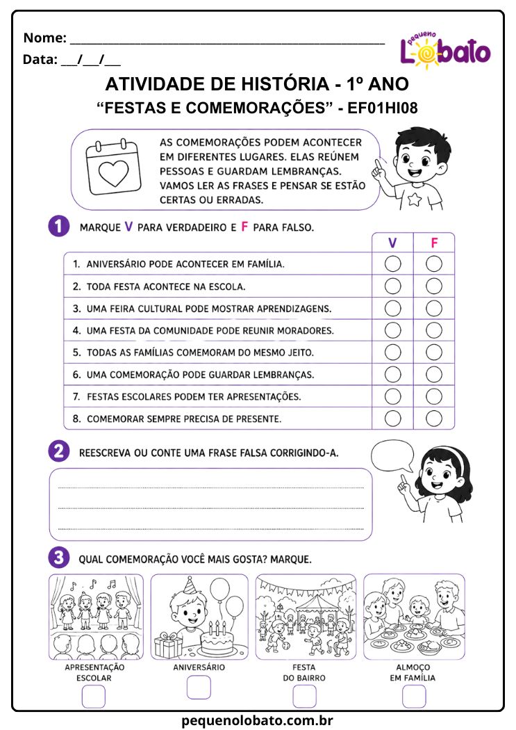 Atividade de História 1º Ano sobre Características e Formas de Participação em Festas e Comemorações (EF01HI08)