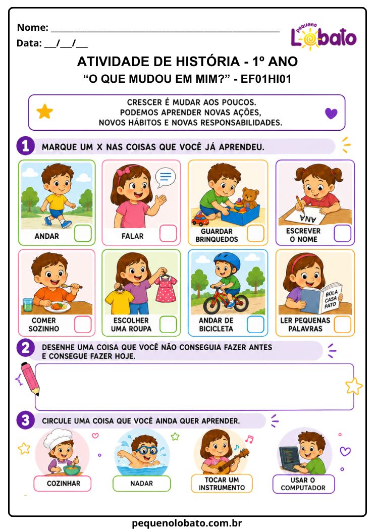 Atividade de História 1º Ano sobre Crescimento, Mudanças e Novas Aprendizagens da Criança (EF01HI01)