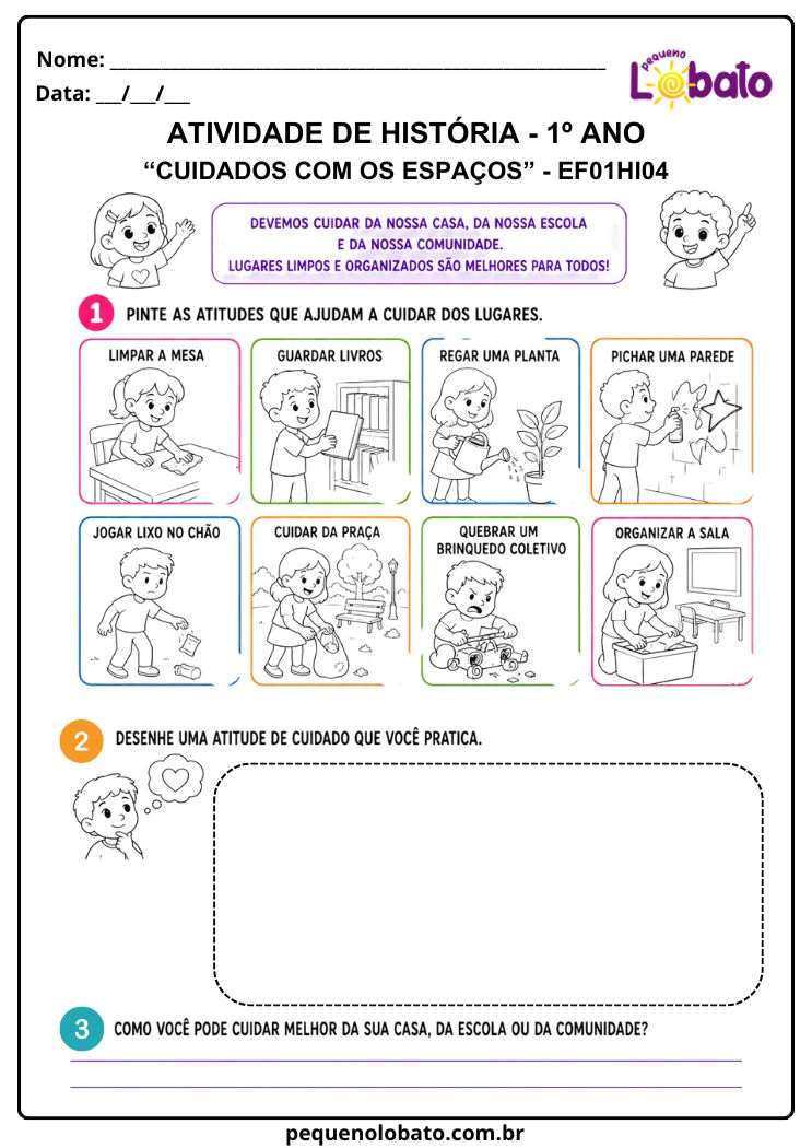 Atividade de História 1º Ano sobre Cuidados com os Espaços da Casa, da Escola e da Comunidade (EF01HI04)