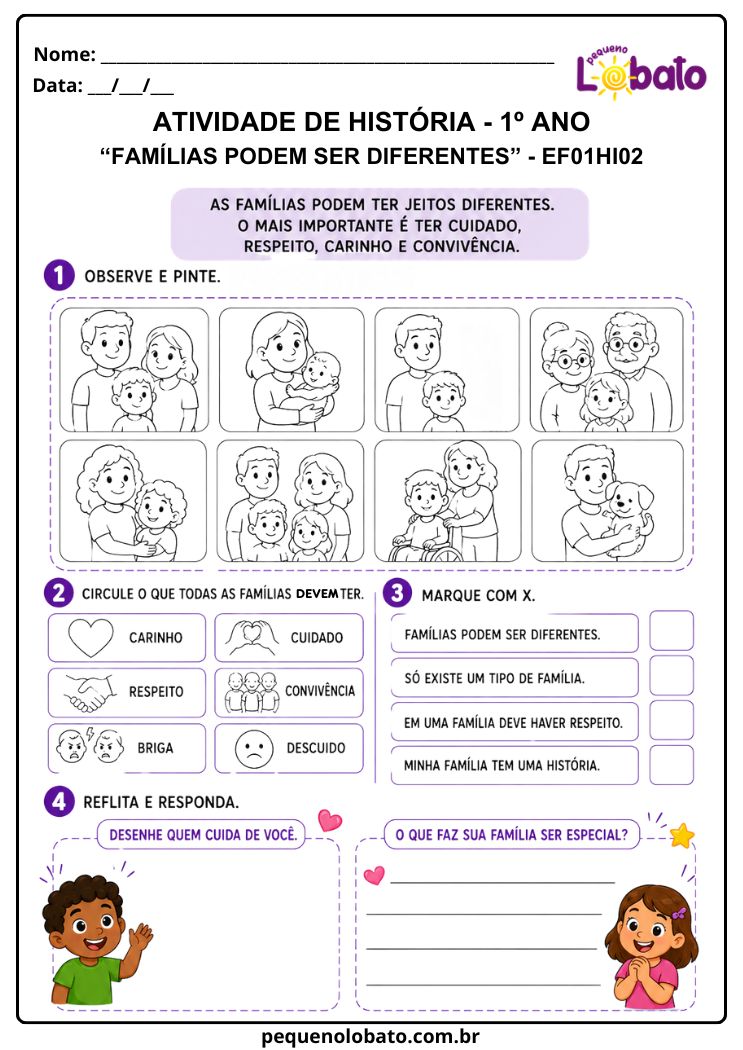 tividade de História 1º Ano sobre Diferentes Configurações Familiares, Cuidado e Respeito (EF01HI02)