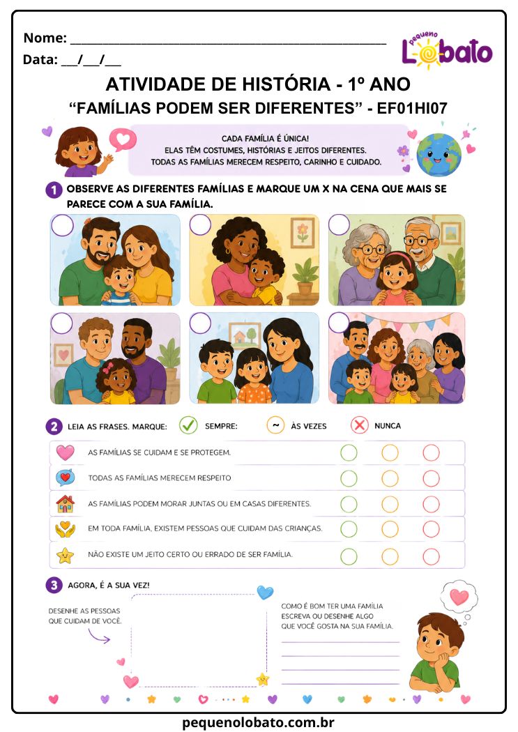 Atividade de História 1º Ano sobre Diferentes Configurações Familiares, Cuidado e Respeito (EF01HI07)